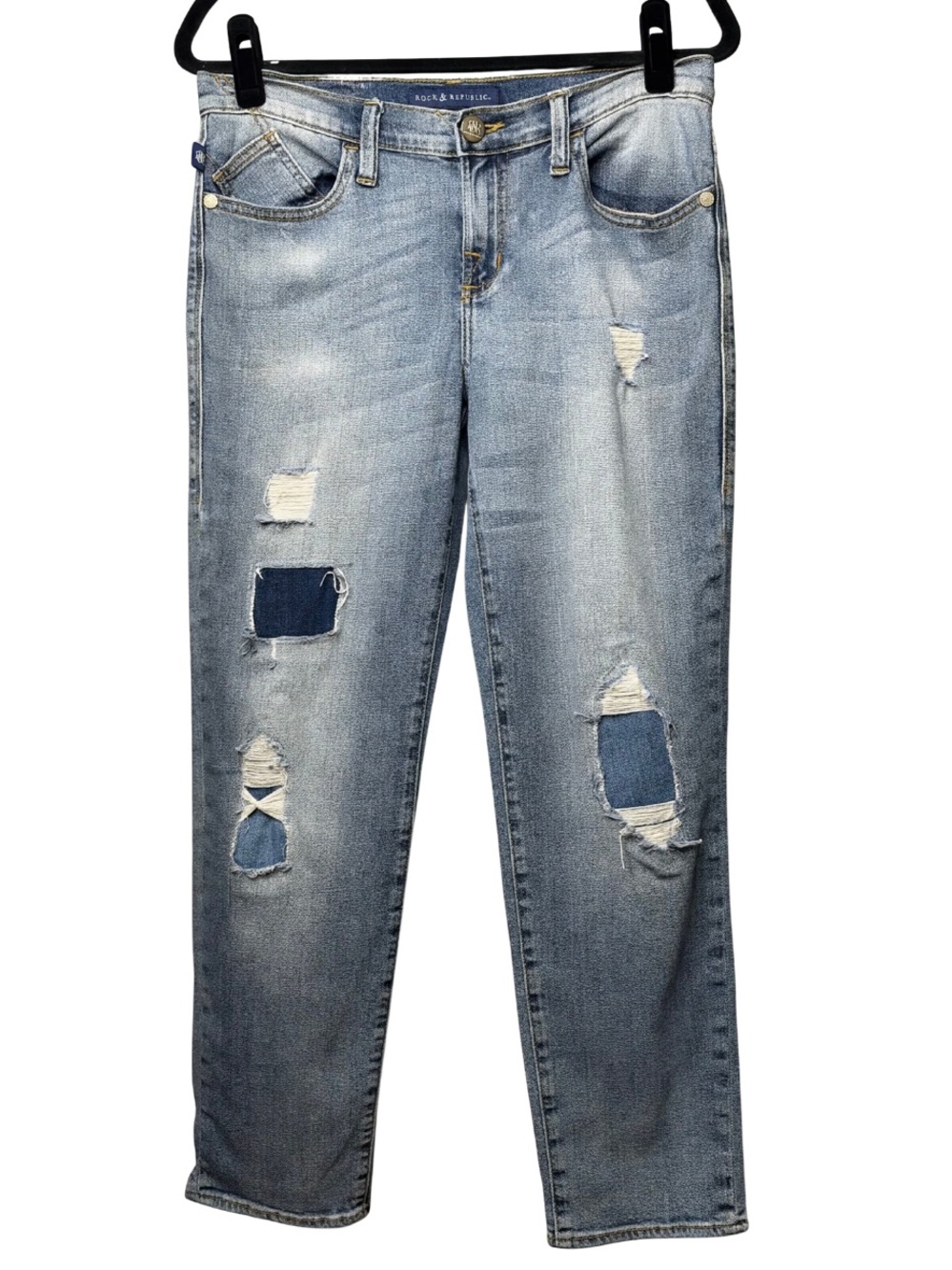 Rock & Republic Blue Wash Navy Patches Distressed Denim Jeans Size 8